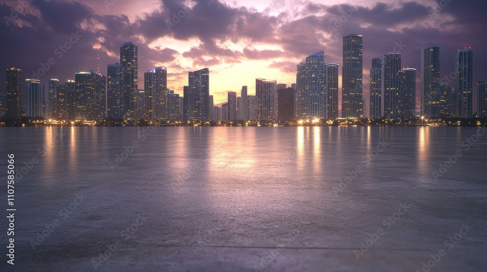 Poster a city skyline at sunset, reflecting light on a smooth surface in the foreground.