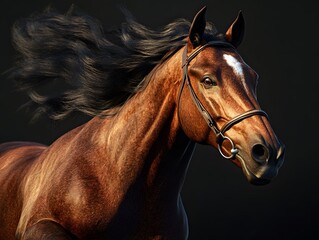 Obraz premium A majestic horse with flowing mane, showcasing strength and grace against a dark backdrop.