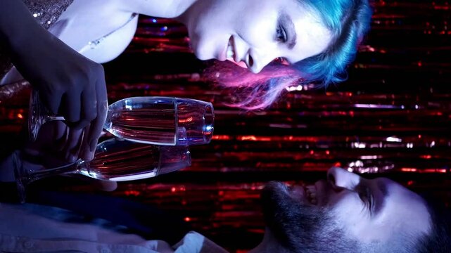 Vertical video. Romantic Christmas. Party toast. Holiday celebration. Neon light happy couple enjoying drinking champagne clinking glasses on red shiny tinsel background.