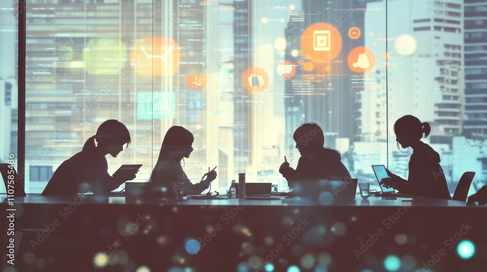 Poster Silhouettes of professionals engaged with digital devices in a modern office setting.