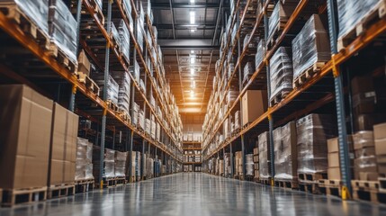 Fototapeta premium Spacious warehouse with high-tech systems managing inventory and supporting logistics in real-time