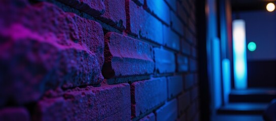 Modern vibrant neon-lit nightclub setting A brick wall bathed in blue and purple glow