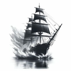 The image depicts a majestic sailing ship, captured in dramatic black and white. This tall ship boasts multiple sails billowing in the wind, conveying a sense of movement and power. The ship is positi