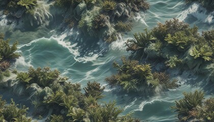 Obraz premium Ocean camouflage pattern with waves and seaweed, sea, blend