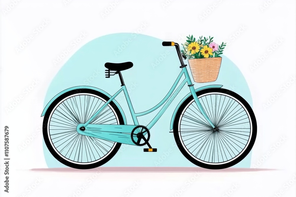 Poster a simple flat design of a bicycle with a flower basket, rendered in soft pastel colors on a clean wh