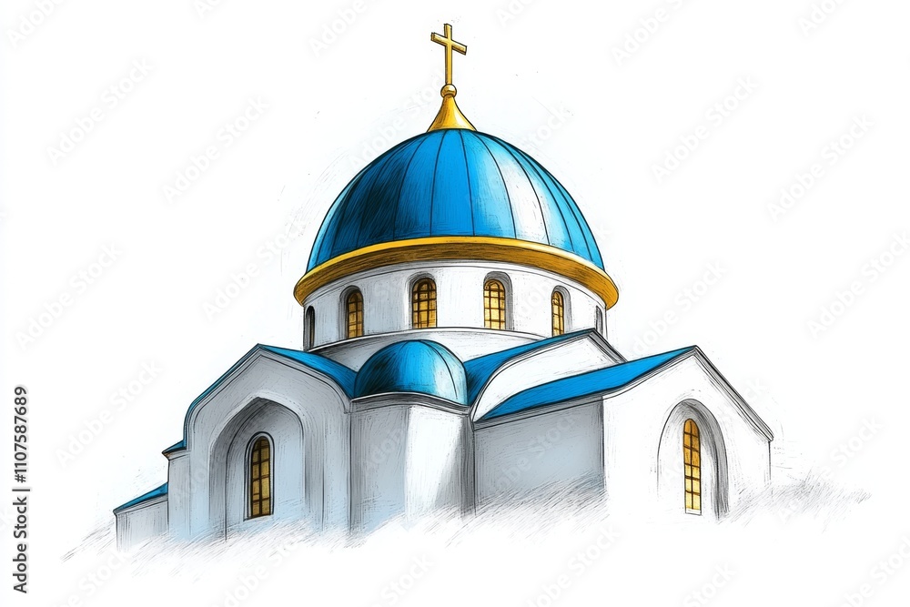 Poster a simple icon of a byzantine dome, drawn in bold lines with gold accents on a white background