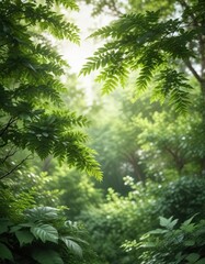 Obraz premium Lush green leaves against a blurred background of trees, outdoor, nature, lush