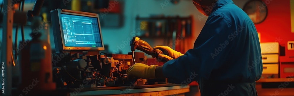Fototapete A technician working with tools and a computer in a dimly lit workshop.