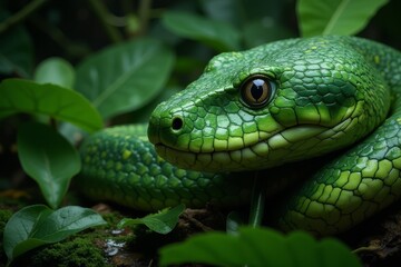 Fototapeta premium Green snake with calm expression resting among lush green foliage