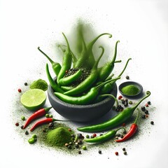 The image features a dynamic arrangement of green chilies, both whole and sliced, centered in a dark stone bowl. Surrounding the bowl are scattered spices, including green powder and various peppercor