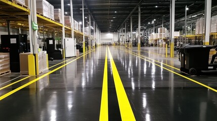 Clear floor markings guiding the safe movement of workers and machines in a large, well-lit warehouse