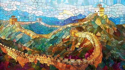 Obraz premium The Great Wall of China in stained glass style. Landscape.