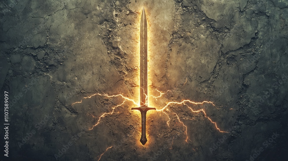 Poster golden sword with lightning on textured background