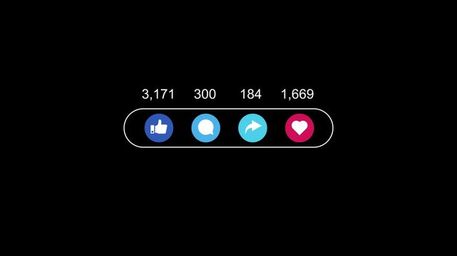 Animation of  Social media icons of love, thumps up, comment, and share logos with numbers increasing on Black Background