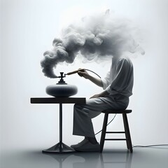 The image depicts a surreal scene featuring a figure seated at a simple wooden table in a minimalist setting. The person, dressed in all white, has an anomalous head formed entirely of swirling smoke,