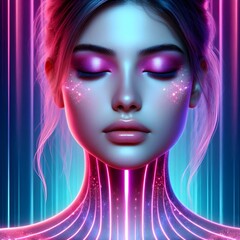 The image features a striking portrait of a young woman with an ethereal, futuristic aesthetic. Her eyes are closed, and her expression is serene, highlighted by vibrant makeup that includes shimmerin