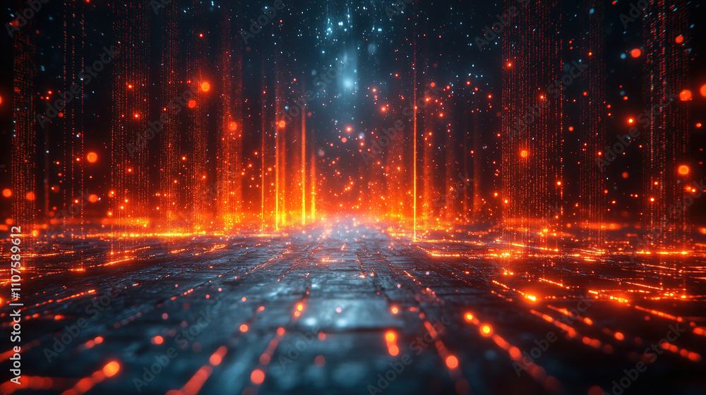 Aufkleber digital landscape with glowing particles and a futuristic atmosphere at twilight. generative ai