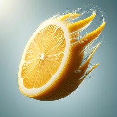 The image showcases a vibrant slice of lemon that appears to be soaring through the air, surrounded by dynamic splashes of water. The lemon slice is bright yellow, with its textured, juicy interior vi