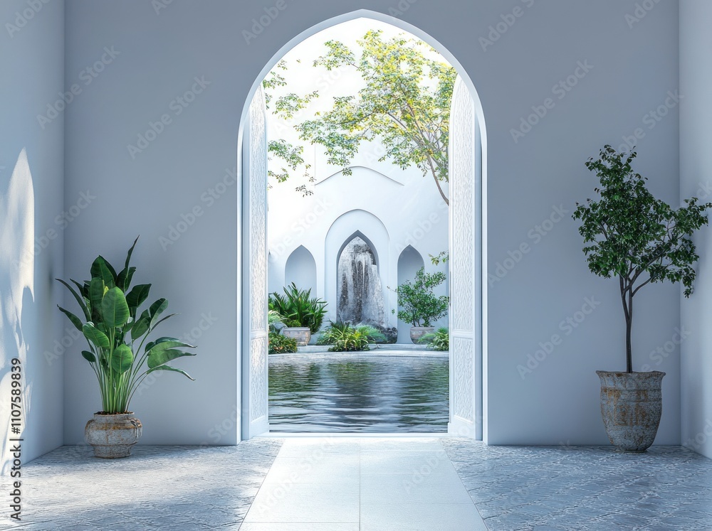 Aufkleber a serene indoor space with an archway leading to a tranquil garden and water feature.