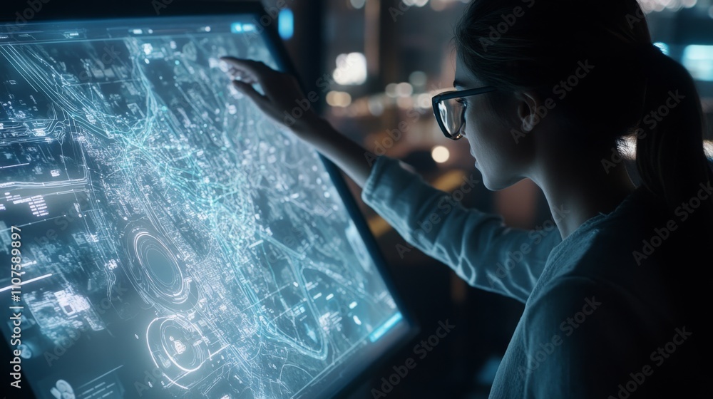 Poster A professional woman interacts with a futuristic digital interface displaying complex data in a dimly lit control room. Her focus is evident as she analyzes information to make decisions.
