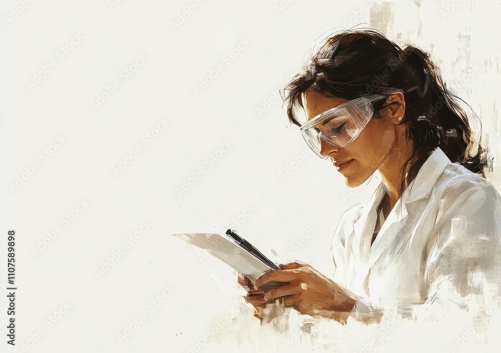 Poster A scientist in a lab coat and goggles examines notes with a focused expression.