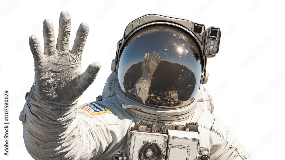 Fototapete an astronaut in a spacesuit waves, reflecting a cosmic scene in their visor.