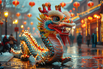 Fototapeta premium A colorful dragon puppet adorned with lights, showcased during a festive Chinese New Year street parade with glowing lanterns and blurred city background.