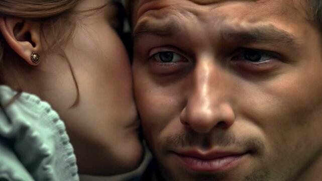 A girl kisses a guy on the cheek, a romantic moment.
