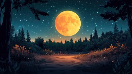 Naklejka premium Bright Full Moon Illuminating A Lush Forest Pathway At Night