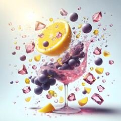The image features a striking and colorful composition centered around a large cocktail glass. Inside the glass is a vibrant mixture of juicy purple grapes and slices of bright yellow lemon, creating 