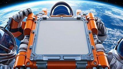 Naklejka premium Astronauts in space with blank sign above Earth.