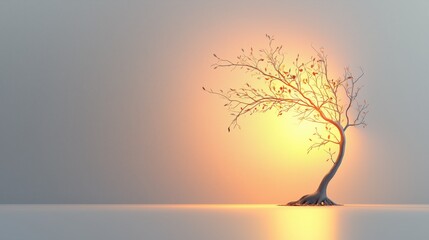 Solitary Tree with Glow and Warm Sunset Background
