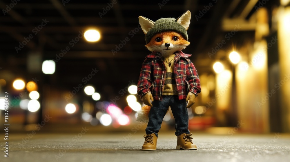 Poster a stylized fox character dressed in casual attire stands in an urban setting at night.