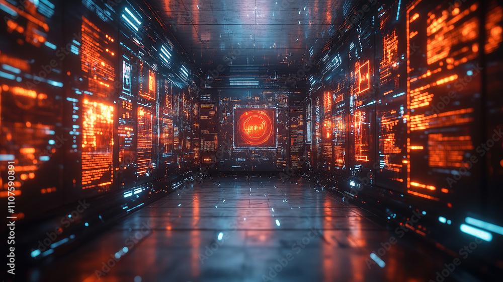 Poster futuristic digital corridor illuminated by glowing screens and neon lights in a high-tech environmen
