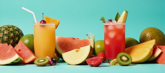 A vibrant scene showcases delectable watermelon slices and exotic fruit alongside refreshing drinks against a luminous backdrop