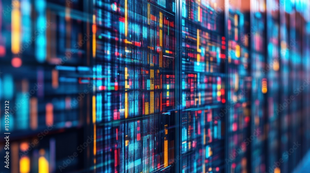 Poster abstract digital data visualization with colorful lines and patterns.
