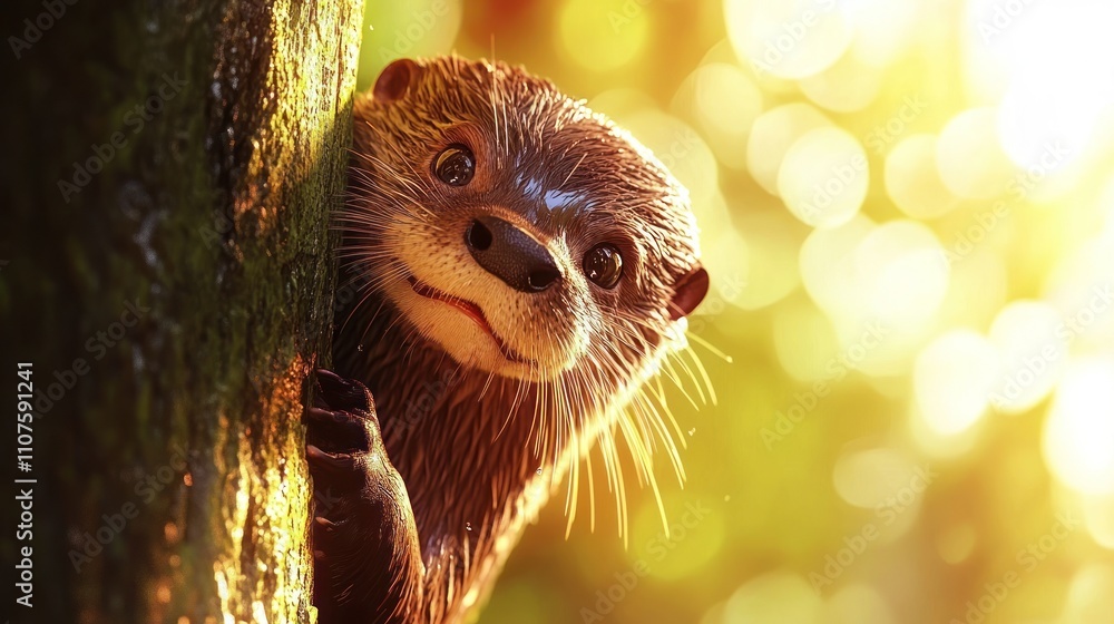 Poster a playful otter peeks around a tree, illuminated by soft sunlight in a natural setting.
