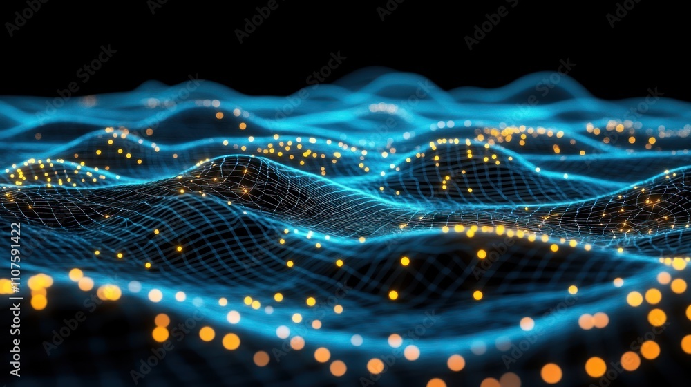 Poster A digital representation of waves with glowing particles, illustrating data visualization.