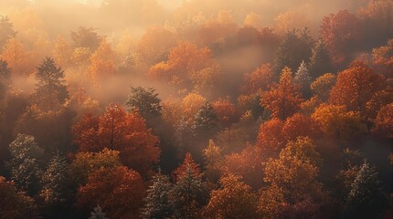 Naklejka premium Dense foliage in soft focus with autumnal trees, muted colors, forest atmosphere, earthy tones