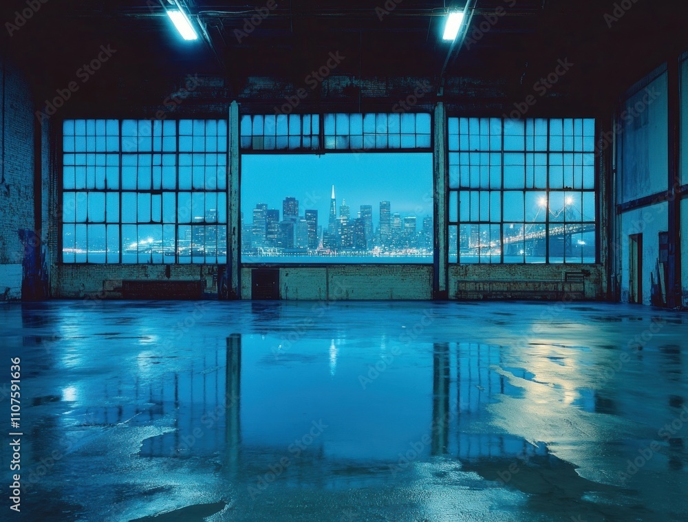 Poster a serene, industrial space with a view of a city skyline through large windows.