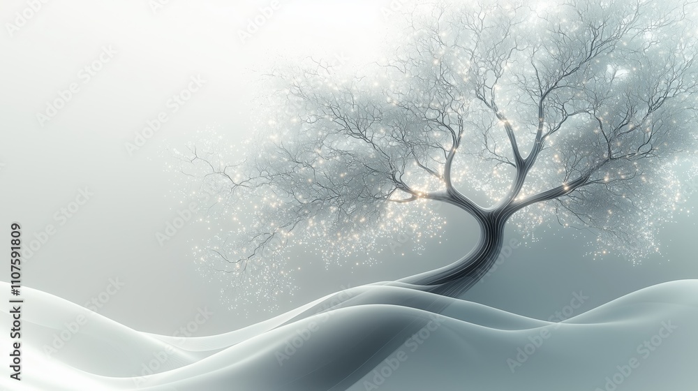 Poster ethereal tree in soft foggy landscape with glow