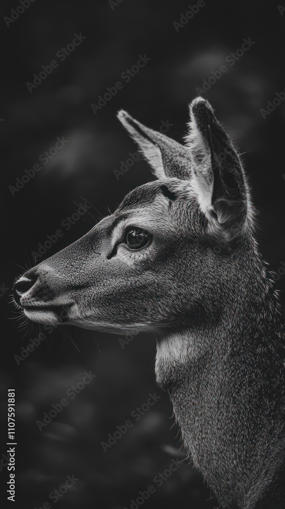 Poster a monochrome portrait of a deer, showcasing its delicate features and serene expression.