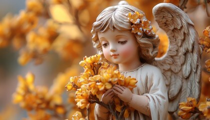 Fototapeta premium A serene angel figurine holds yellow flowers amidst a backdrop of vibrant autumn foliage, exuding a warm and peaceful atmosphere.