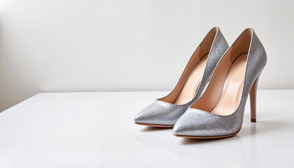 Elegant silver high heels displayed on a white surface with a minimalist background, party outfit