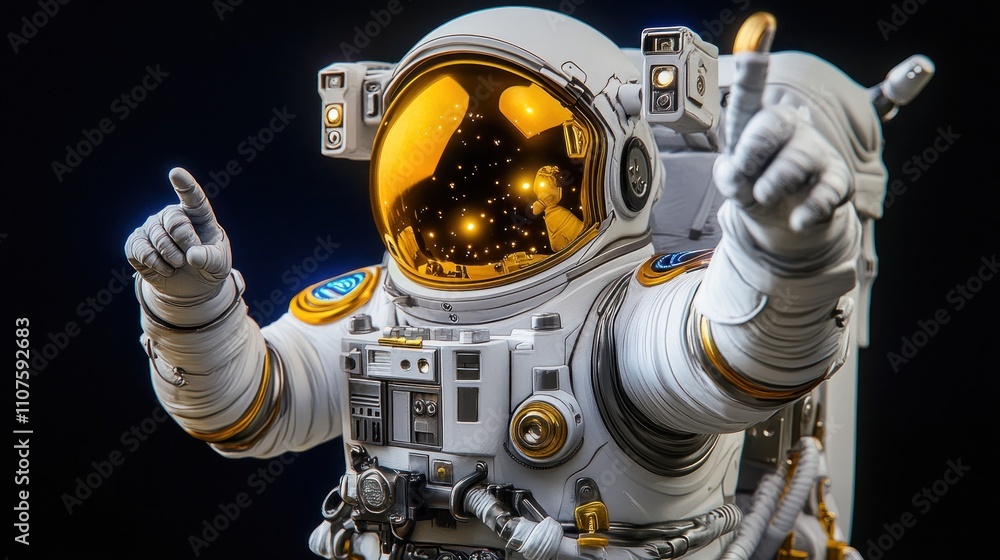Poster a futuristic astronaut in a detailed spacesuit, posing with a playful gesture.