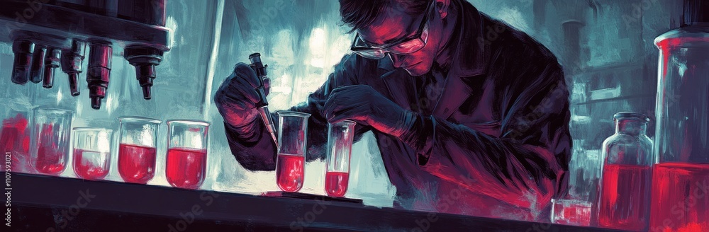 Poster A scientist conducts experiments with colorful liquids in a laboratory setting.