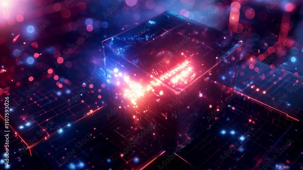 Poster glowing cubes surrounded by vibrant particles, creating a mesmerizing digital landscape. this enchan