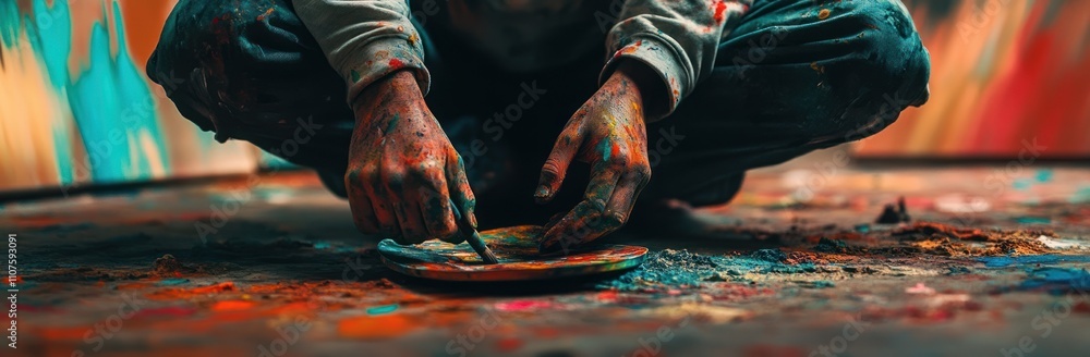 Leinwandbilder a person creating art using paint on a plate, surrounded by colorful splashes.