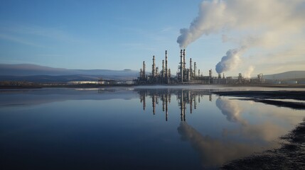 An oil refinery plant reflected in calm water, blending serene natural beauty with the industrial environment