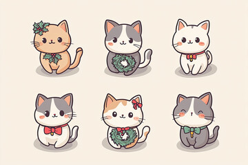 Cute Kawaii Cats in Christmas Style Stickers Collection